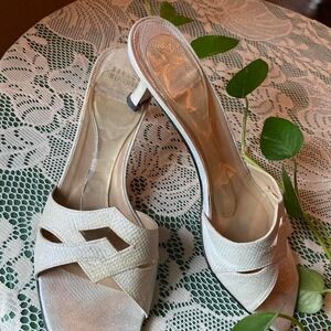 Stuart Weitzman Snakeskin Embossed Leather Kitten Heel Mules Cutout Slides 7.5